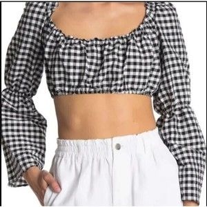 Topshop Women Bell Sleeve Crop Top Gingham Plaid flare size US 6